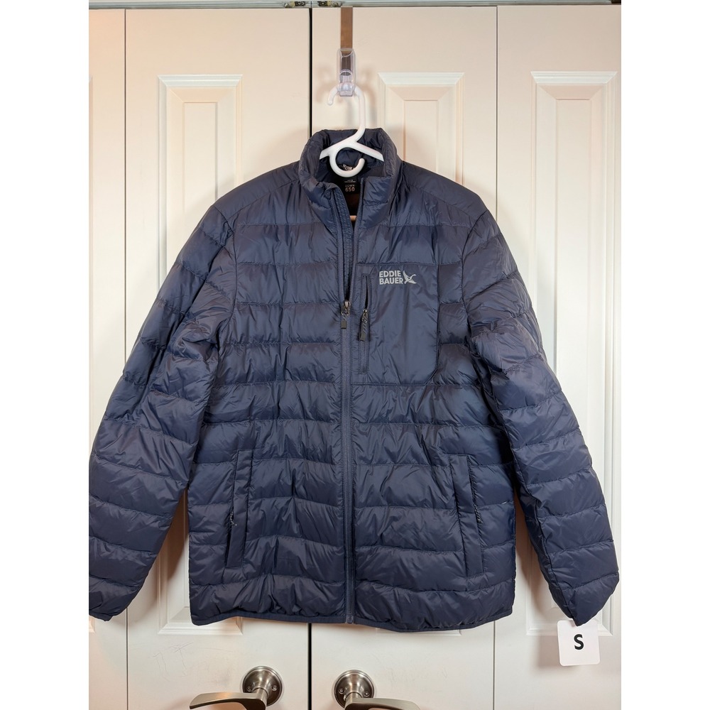 Eddie Bauer Mens 650 Down Puffer Jacket Navy Blue Full Zip Quilted Coat Small